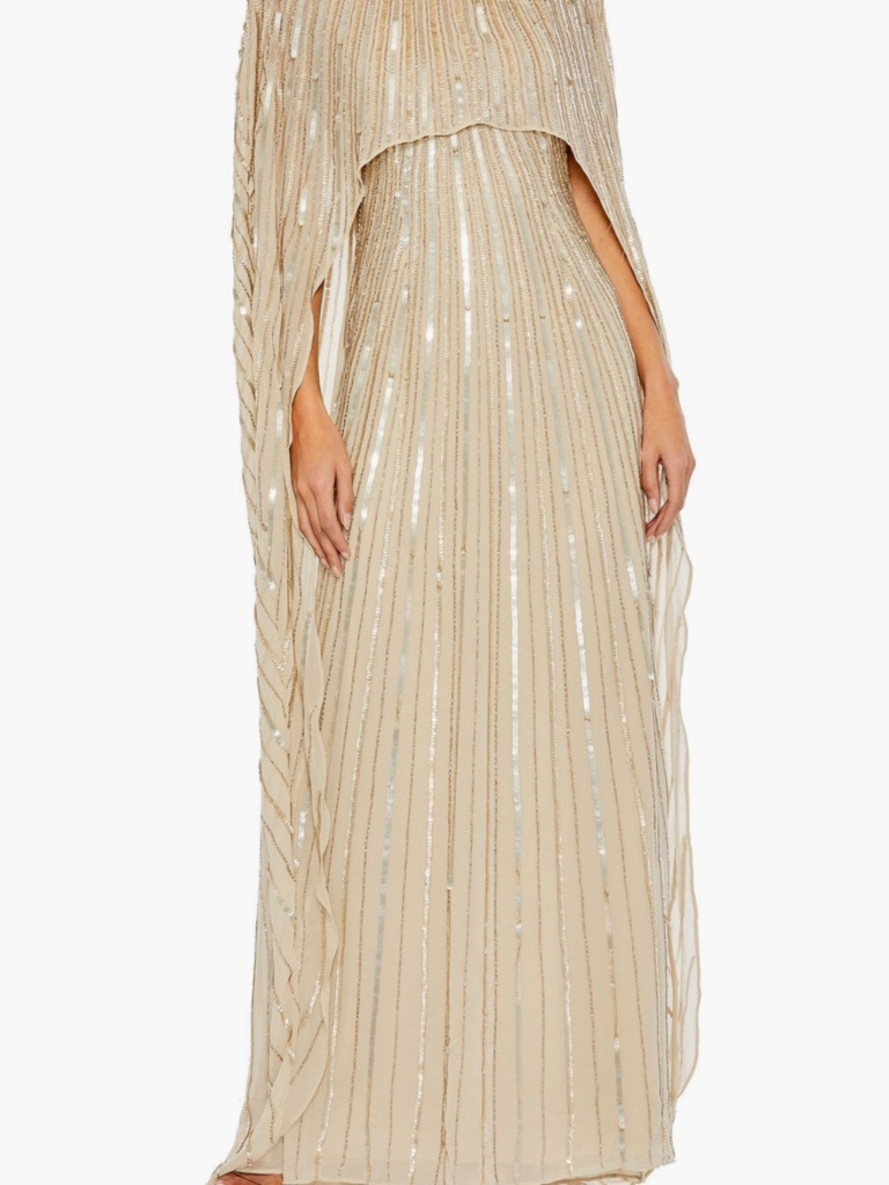 Mac Duggal Champagne Beaded Cape Gown